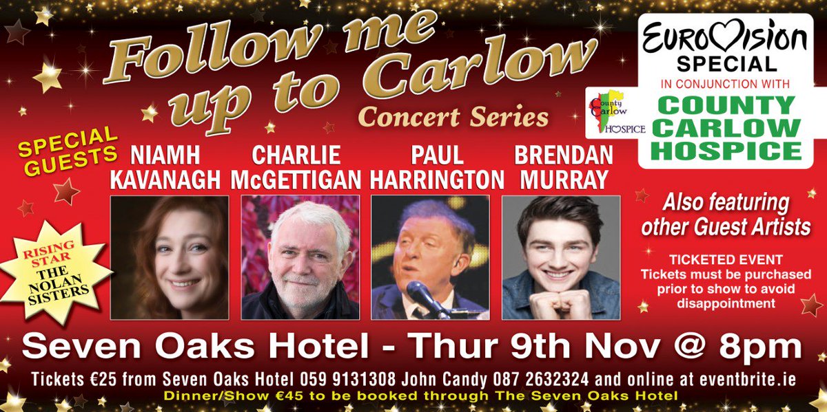 Followme2carlow's tweet photo. RT Don't miss the Eurovision one off extravaganza in aid of @carlowhospice! Book now! @LoveCarlow @carlowtourism https://t.co/13blw5gZME https://t.co/N6EqHjMXQV