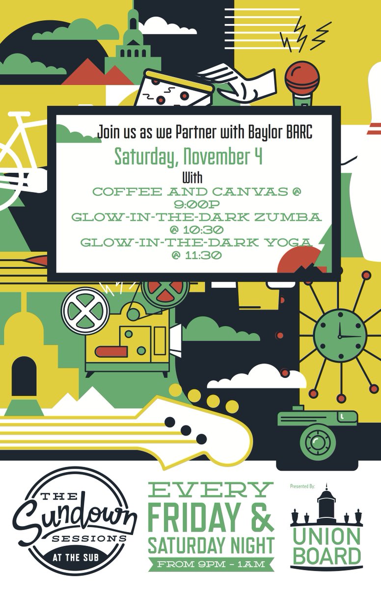 You've heard the buzz and now it's time to find out more! Join us for another set of Sundown Sessions this Fri &amp; Sat, 9pm-1am in the SUB featuring Movie Night, Blacklight Bowling, Coffee &amp; Canvas, Zumba &amp; Yoga!