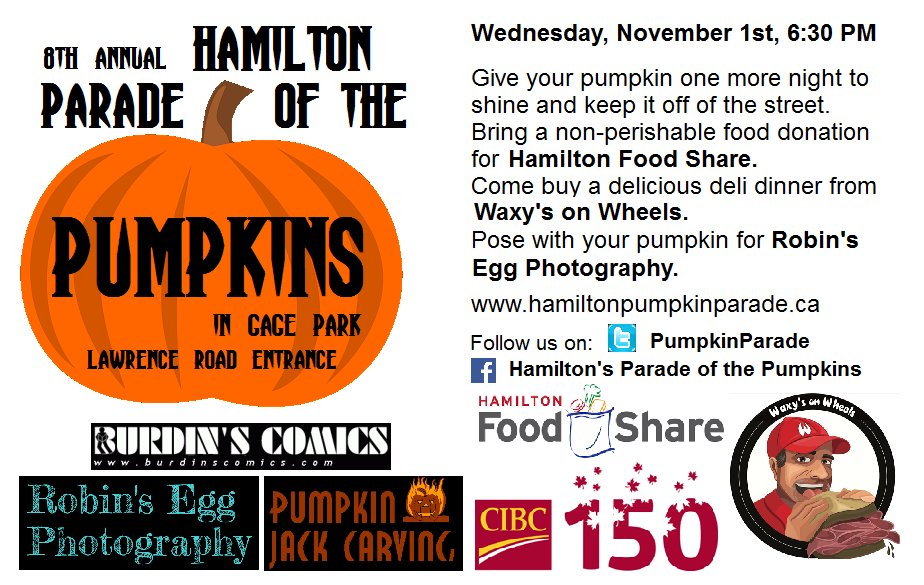 Give your pumpkin a second life <a href="/PumpkinParade/">Pumpkin Parade</a> tonight. Bring your jack o'lantern &amp; a donation for #HamOnt Food Share to <a href="/gageparkhamont/">Gage Park Hamilton</a>