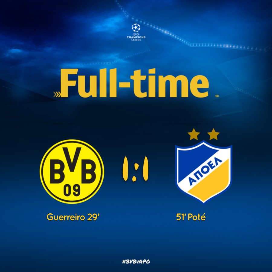 apoelfcofficial's tweet photo. [FT] Τελικό σφύριγμα στο #Dortmund.
@BVB 1-1 #APOELFC
#apoelfclive #UCL #BVBvAPO https://t.co/Oey7xarrWT