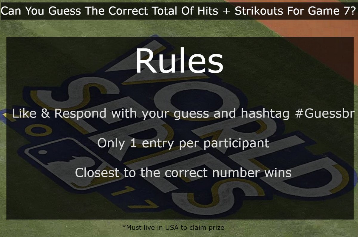 SBRReview's tweet photo. Can you guess the correct total of #WorldSeries Game 7 Hits + Strikeouts?
Closest guess gets some slick SBR gear.
#HOUvsLAD https://t.co/60IMGy3HYi