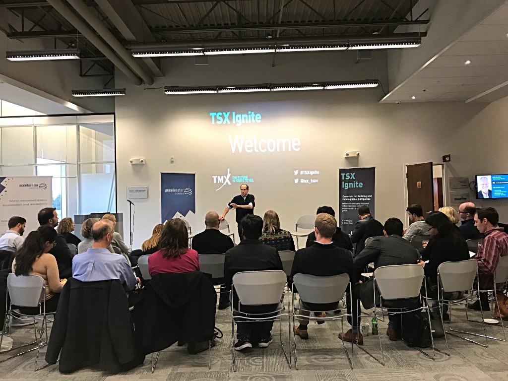 tsx_tsxv's tweet photo. TMX Group's Michael Kousaie kicking off #TSXIgnite in Waterloo! Thanks to @AC_Waterloo for hosting! #Entrepreneur https://t.co/hJDrmSG3Ov