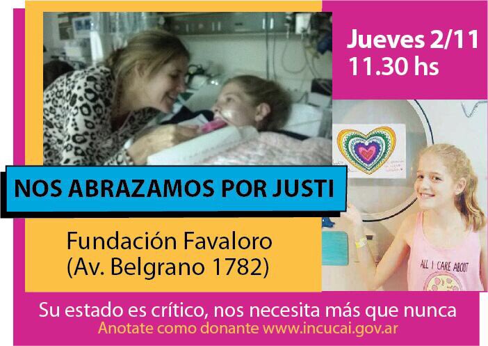 multiplicaTx7's tweet photo. Mañana a las 11:30 abrazamos a la Fundación Favaloro. Justina se deteriora cada dia y nos necesita. 
#LaCampañaDeJustina
#MultiplicateX7 https://t.co/VvjYTPzkm7