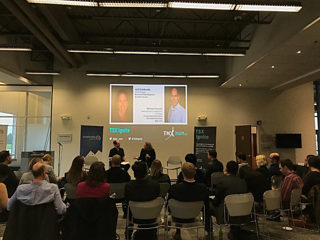 tsx_tsxv's tweet photo. First up at #TSXIgnite is @JodiEchakowitz for the fireside chat on PR strategies for #entrepreneurs! Thanks to @AC_Waterloo for hosting! https://t.co/BvfN5dDpiT