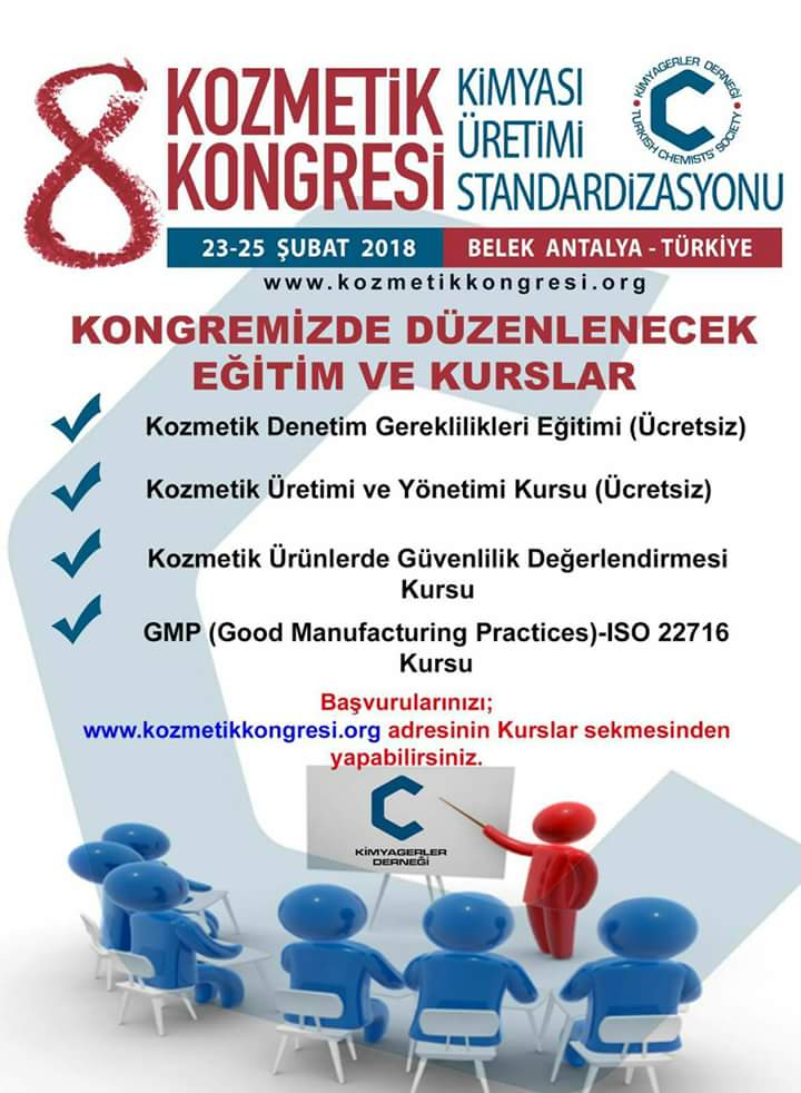 KOZMETİK ATÖLYE ÇALIŞMALARI
23-25 Şubat 2018 tarihlerinde 8.Kozmetik Kongresi Atölye Çalışmaları için TIKLAYINIZ -- 
kozmetikkongresi.org/atolye-calisma…