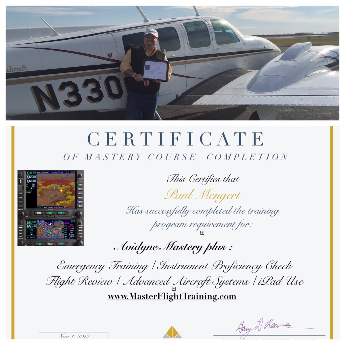 PilotSafetyOrg's tweet photo. Congrats 🎉 to Paul Mengert for completing his 3 day @avidyne1 Mastery program with @ForeFlight @GenesysAero #STEC60 in @Beechcraft Baron https://t.co/X6WMmqCuPq