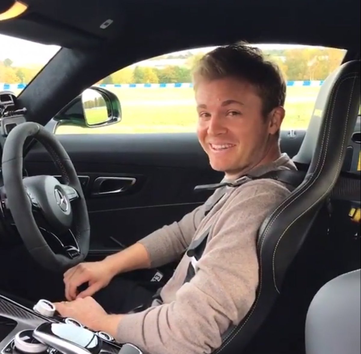 Rokcorp's tweet photo. My friend Nico, seems to like my car... this will be interesting ‼️🤐 Stay tuned for Saturday's video!! 🏁🏆 #Champ @MercedesBenz @MercedesAMG https://t.co/7MkWhZlASE
