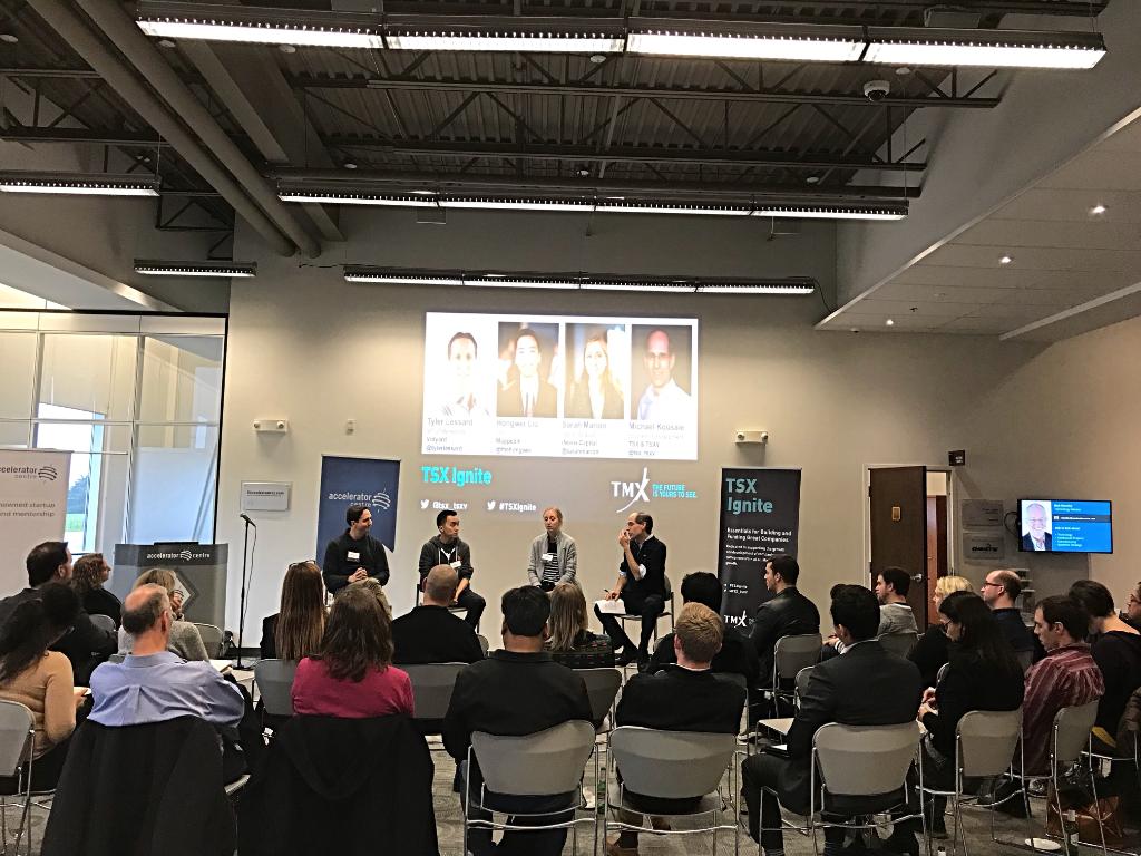 tsx_tsxv's tweet photo. Panel discussion #TSXIgnite Waterloo w/ @tylerlessard @thehongwei & @sarahmarion on best practices, pitfalls & scale in PR. #entrepreneurs https://t.co/X50pkfTUUO