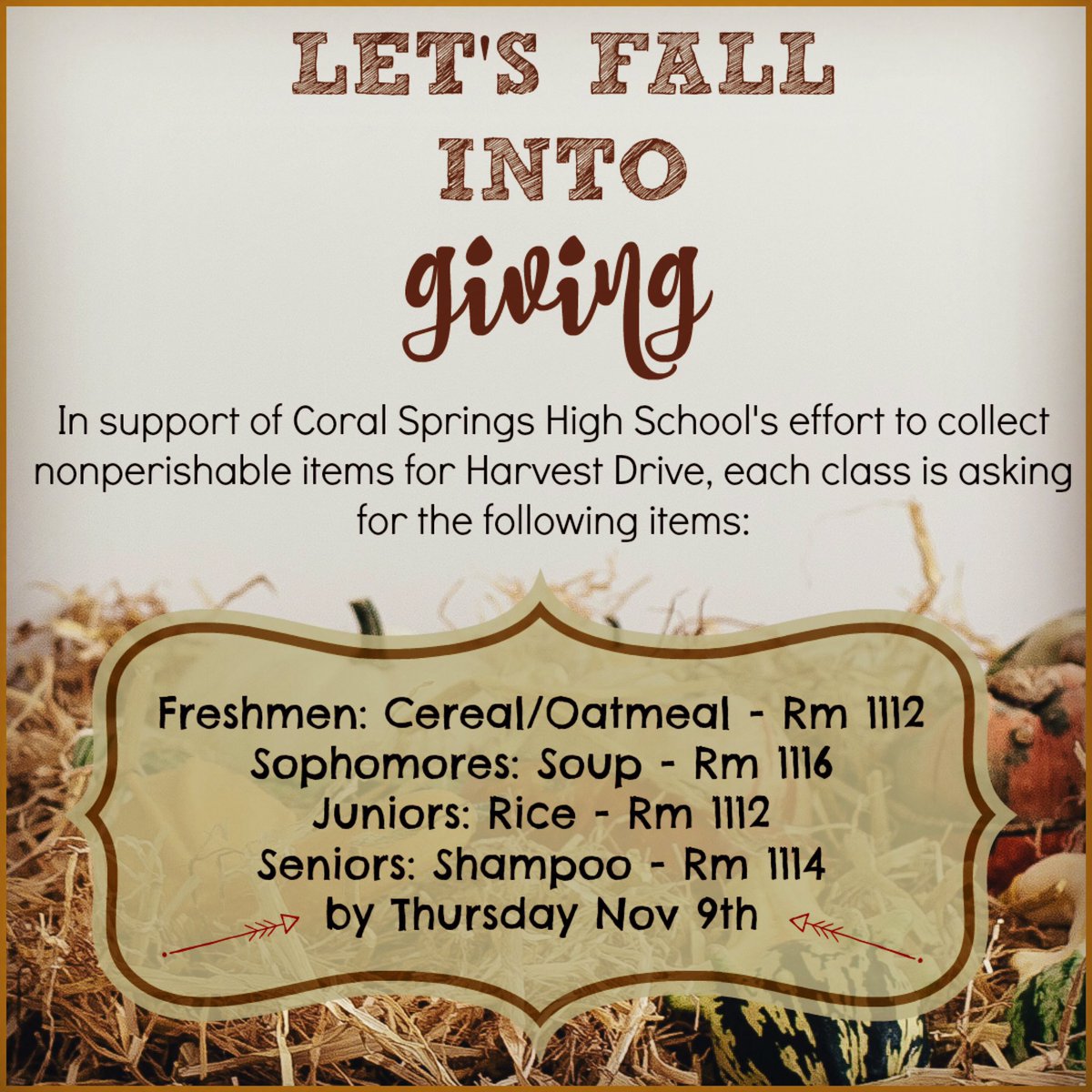 PLEASE bring any donations of boxes of cereal/oatmeal to Rm 1112 by Thurs 11/9! Thank you! <a href="/CSHSSeniors18/">♛CSHS SENIORS♛</a> <a href="/principalCSHS/">Coral Springs High School - Home of the Colts</a> <a href="/ColtConnection/">Colt Connection</a>