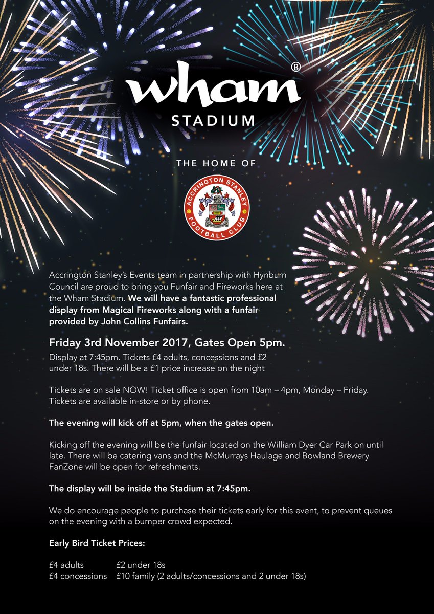 WhamWorld's tweet photo. WhamStadium #Fireworks &amp; #Funfair Friday 3rd November 2017, Gates Open 5pm, Display at 7:45pm. Tickets £4 adults, £2 Under 18 #Accrington https://t.co/2yjcJgy5Bz
