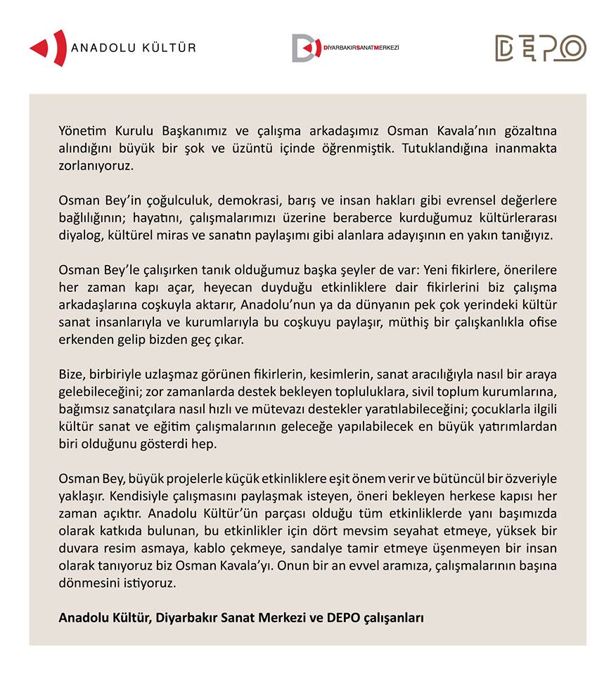 depo_istanbul's tweet photo. Anadolu Kültür, Diyarbakır Sanat Merkezi ve DEPO olarak #OsmanKavala'nın bir an evvel aramıza, çalışmalarının başına dönmesini istiyoruz. https://t.co/ZvtovnHVEy