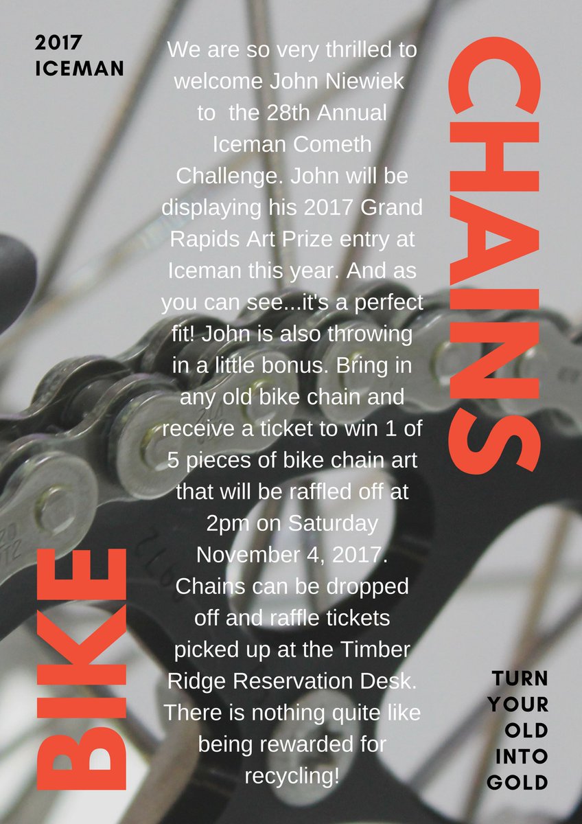 Bring any bike chain to the 2017 Iceman Cometh Challenge and receive a ticket to win 1 of 5 bike chain art pieces that will be raffled off.