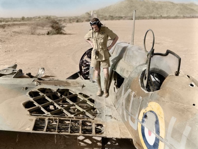 Pilot Officer Walter Sinclair Kennedy of 47 Sqn RAF inspects the damage to his Vickers Wellesley Mk.I, (K7715) 'KU-H', at Agordat, Eritrea.