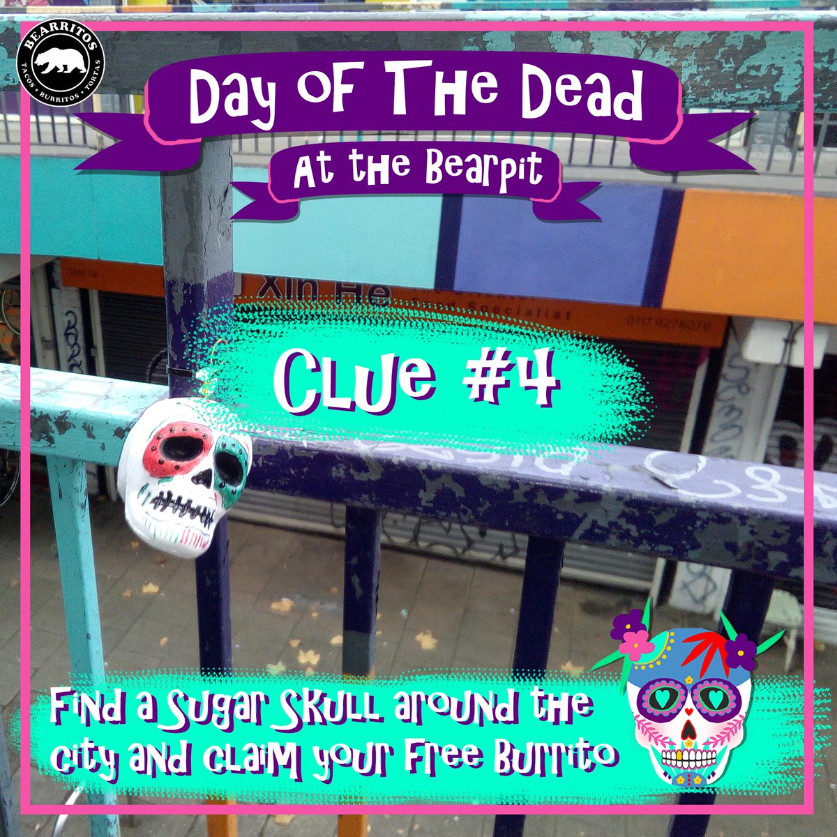 Join our #DayofTheDead celebration. We've hidden 30 sugar skulls around the city! Find one- claim your FREE burrito! ow.ly/QnIn30ghnVS