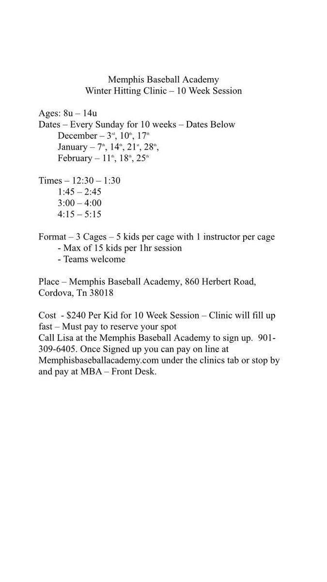 Baseballmemphis's tweet photo. @MBAMEMPHIS Winter Hitting Clinic- 10 Week Session. Details below https://t.co/Bfr226AU19