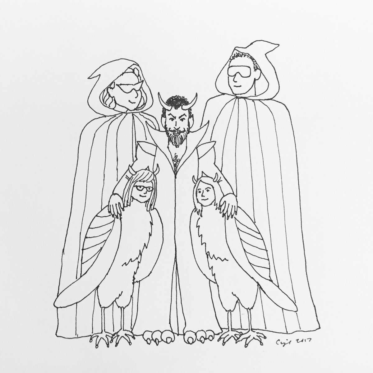 CupidOjala's tweet photo. “Satan’s Little Helpers”, 2017, pigment pen on paper, 9x12 in. #holloween #queerfamily #nieces #nephew  #transformation #CUNextTuesday https://t.co/0qbDTgbccJ