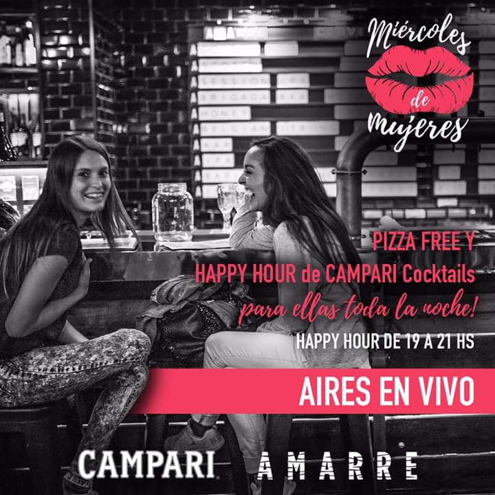 AmarreBar's tweet photo. Miércoles de Mujeres
☆Aires en vivo
#HappyHour de 19 a 21
☆Para ELLAS HH de #CAMPARI Coktails toda la noche y PIZZA FREE
Reservas 2236350011 https://t.co/nQn0t2BBDx