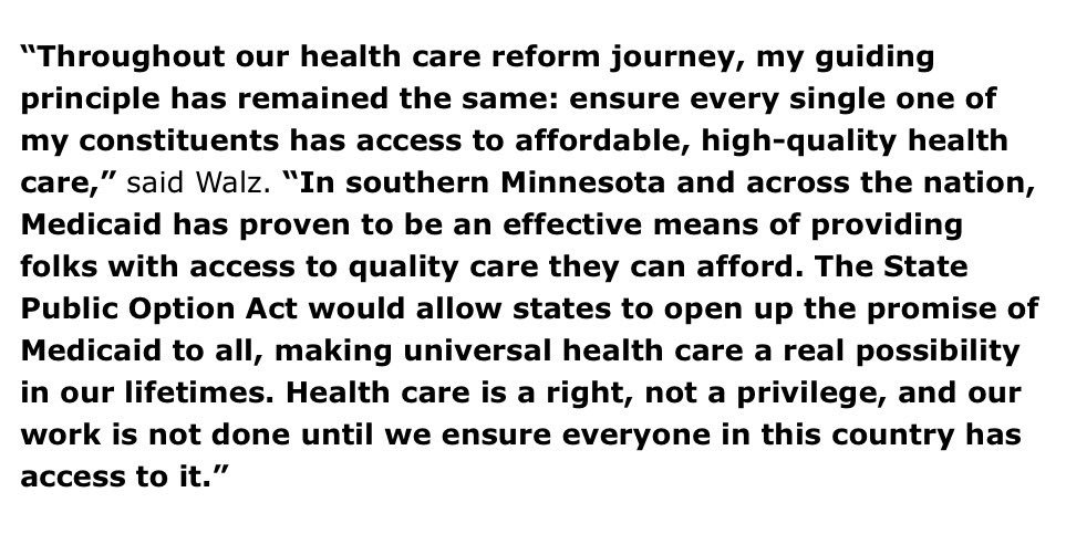 RepTimWalz's tweet photo. I'm proud to co-introduce the #StatePublicOption Act w/ @repbenraylujan to help hard-working families access affordable, quality healthcare. https://t.co/janD69ga2E