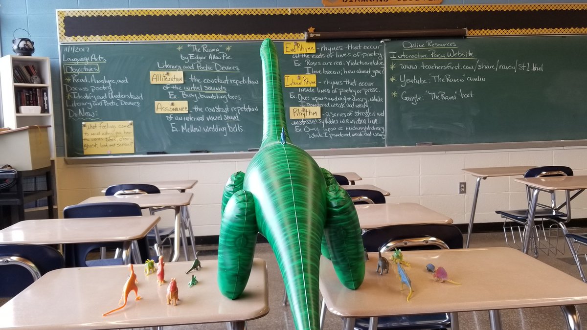 Andriulli's tweet photo. The gang learned about Literary and Poetic Dinovices today with Edgar Allasaurus Poe. #dinovember @bozescience @Mr_Ryerson https://t.co/NvziP5HmRo