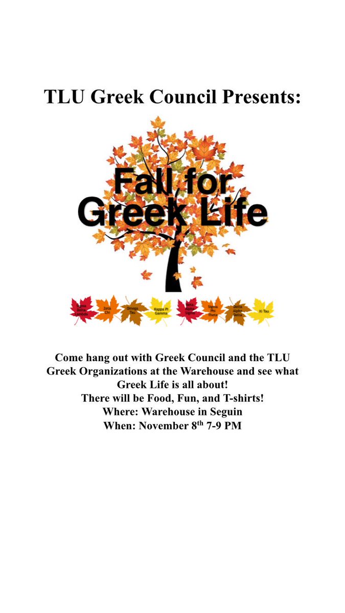 TLUGreekCouncil's tweet photo. Come hang out with us and other Greek organizations at the warehouse November 8th from 7-9 pm! There will be food, fun, &amp; t-shirts! https://t.co/uugRDCZlYH