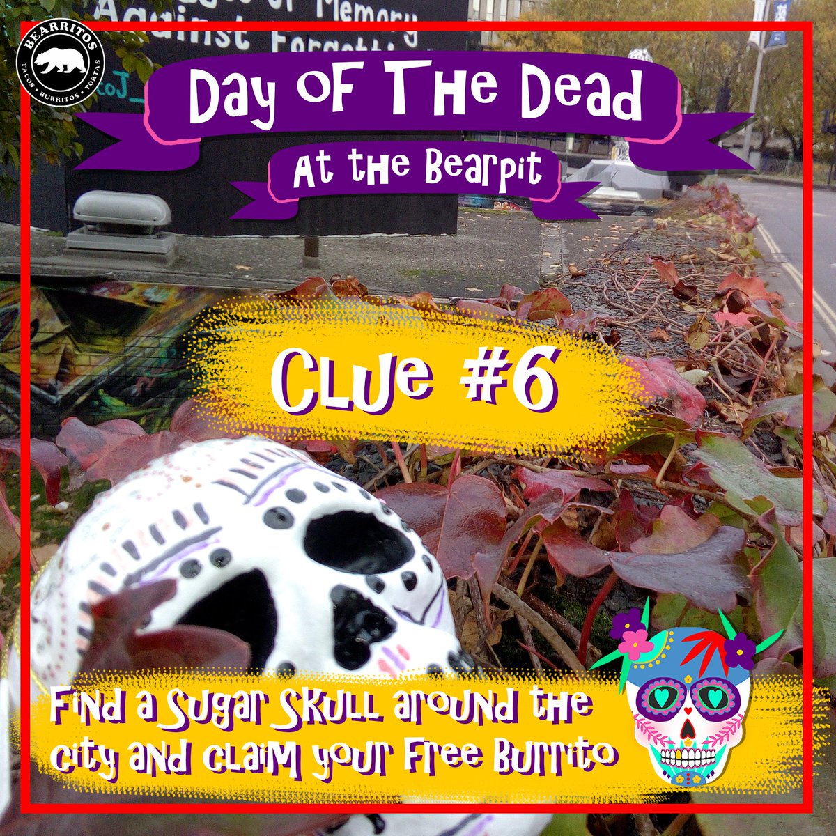 Next clue! #DayofTheDead. We've hidden 30 sugar skulls around the city! Bring one tomorrow-claim your FREE burrito! ow.ly/wDr330ghtNK