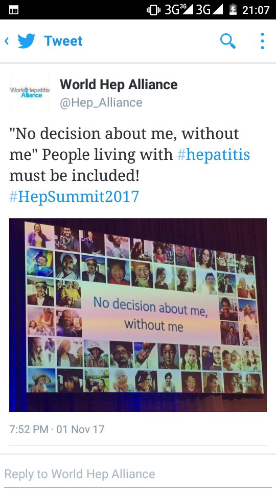 NOPLHB1's tweet photo. Patients are the main stakeholders affected by this virus. Decision about us without us is injustice #HepSummit2017 https://t.co/XcoKVI4pqz