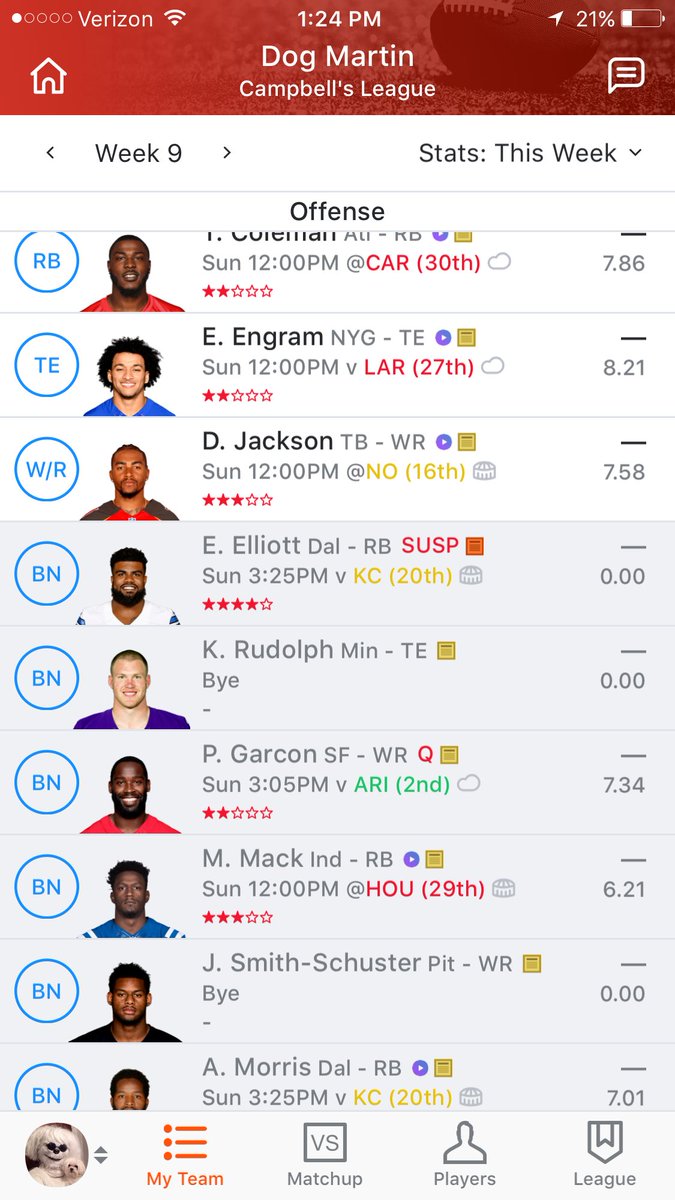 DogMartin4's tweet photo. what should i do this week and ROS? line up on left, waivers on right.. standard @FrontlineFF https://t.co/ICvBHkq39N