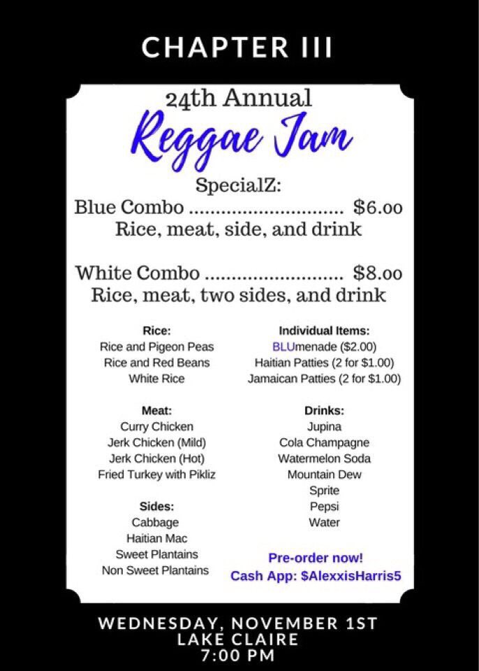 coach_eclapp's tweet photo. Support and come watch @CollisionCsaUcf perform tonight at the 24th Annual Reggae Jam 🙌🏾 y’all see that menu right 👀 #ZetaWeek2017 https://t.co/nAZaAhYuQ9