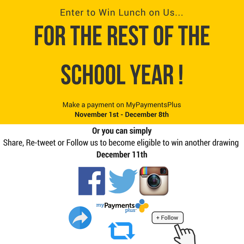 MyPaymentsPlus's tweet photo. #LunchOnUs! For the rest of the school year! Make a deposit today on #MyPaymentsPlus , Re-Tweet for an extra drawing in the giveaway. https://t.co/cdKuKf2VAd