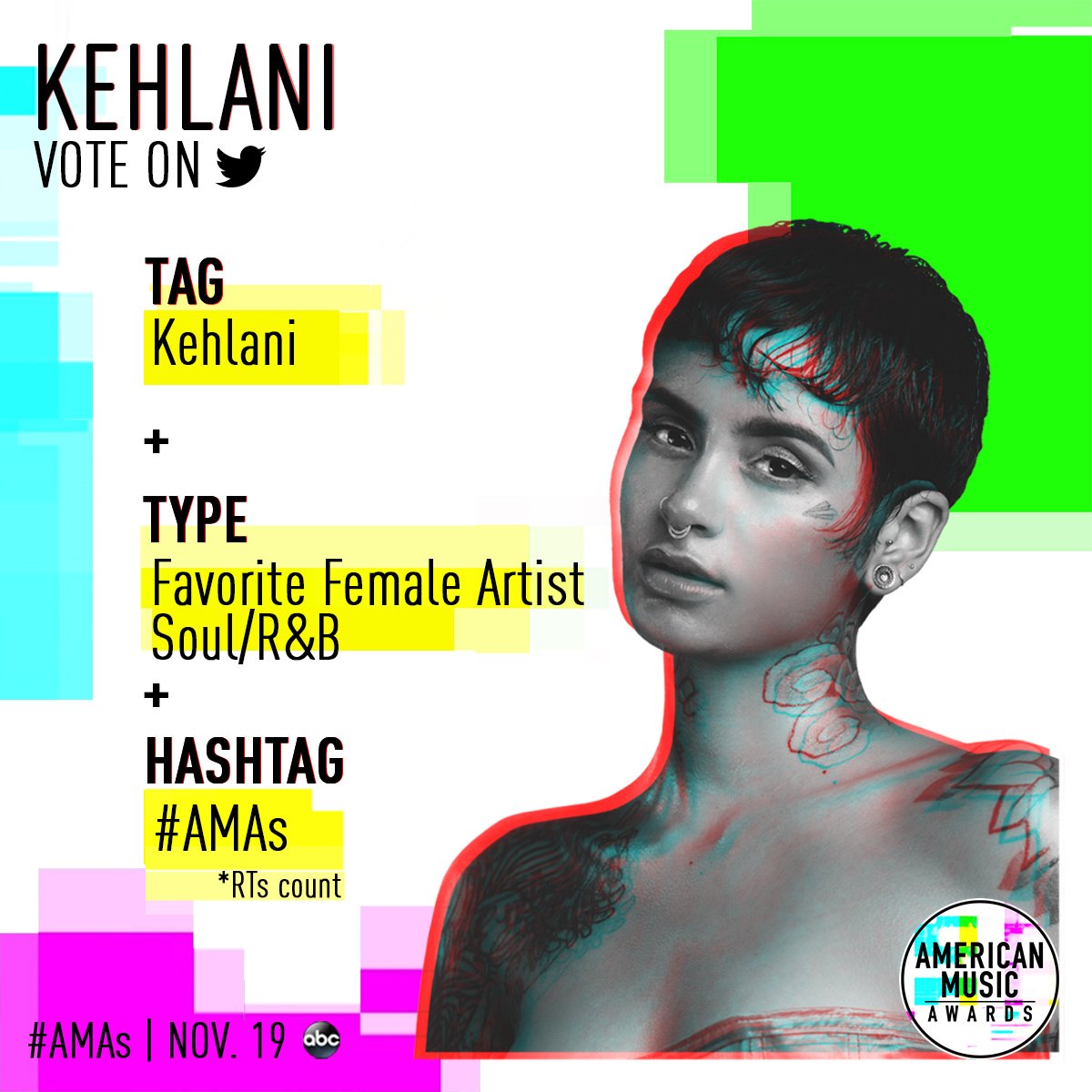 AMAs's tweet photo. She's a first-time #AMAs nominee and she's up for Favorite Female Artist Soul/R&amp;B. 🏆 RT to vote for Kehlani! https://t.co/ShQUwkphoK