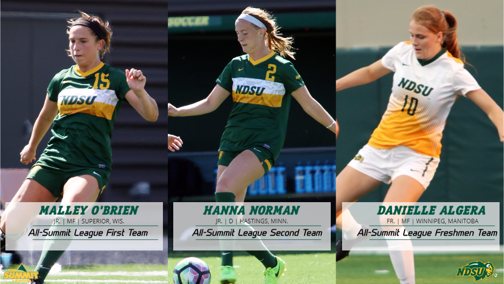 NDSUsoccer's tweet photo. Congratulations to Malley O'Brien, Hanna Norman and Danielle Algera on being voted All-Summit League! 🤘⚽️

Release: https://t.co/stU9D9vRQx https://t.co/kkMLYsG4RA