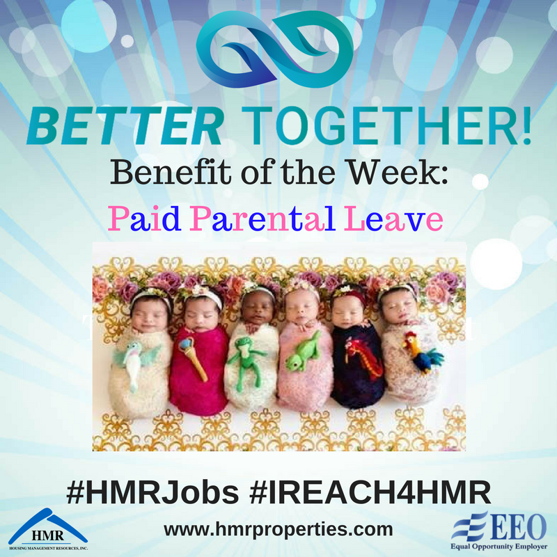 HMRProperties's tweet photo. HMR will provide two weeks of pay following the birth of an employee’s child, adoption or foster care! #HMRJobs #IREACH4HMR https://t.co/tqC3zxfyNx