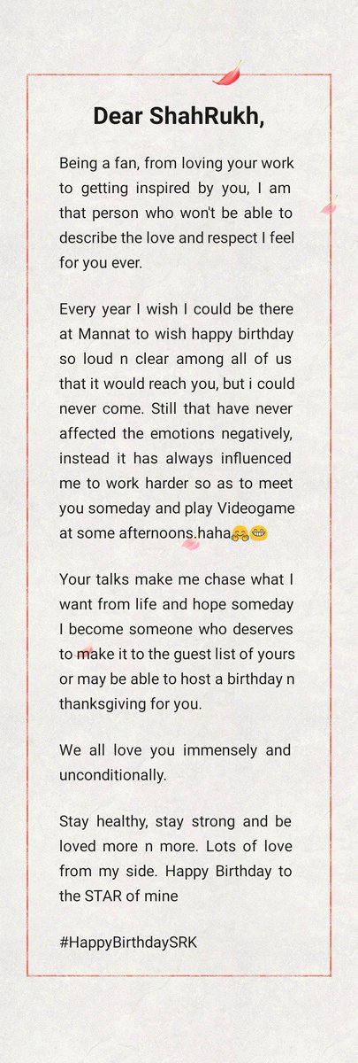 actorsovan's tweet photo. A Letter to the person I love n admire most @iamsrk ,from his truly #jabrafan
Mein tera fan ho gaya. #Livelong #livehappy
#HappyBirthdaySRK https://t.co/4lYOMNcCKI