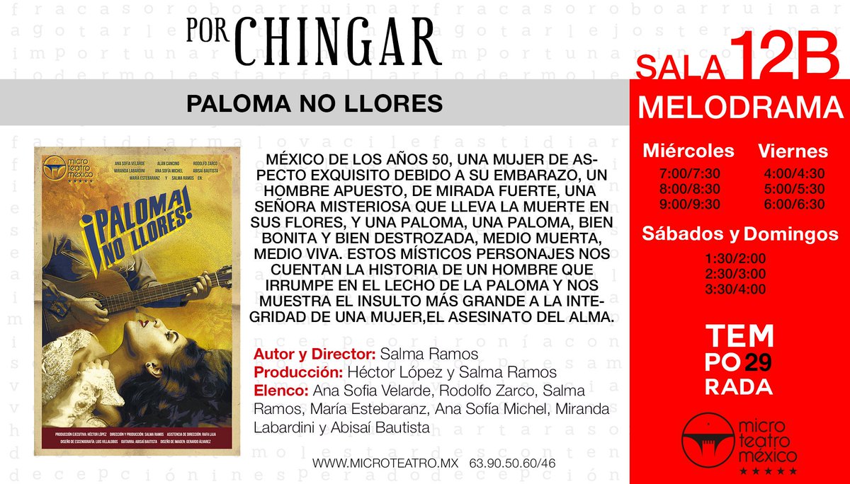 MicroTeatroMex's tweet photo. Este miércoles disfruta de PALOMA NO LLORES EN #MICRODEBUT #porchingar #somosmicroteatro https://t.co/S2JeI8AEQD