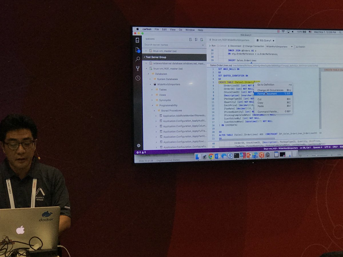 AzureDataStudio's tweet photo. Eric demo’ing object explorer plus scripting, peek definition in SQL Operations Studio at the Microsoft booth #PASSsummit https://t.co/QIaTkL2JMW