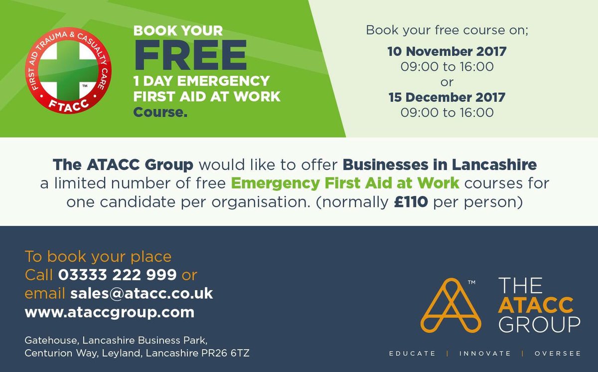ATACCGroup's tweet photo. #Free #Firstaidatwork course for local #Lancashire Businesses contact @ATACCGroup for details and booking sales@atacc.co.uk https://t.co/t7CXR2oMr9