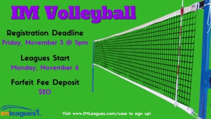 CWRUrec's tweet photo. 🚨DEADLINE ALERT🚨
THIS FRIDAY, 11/3 @ 5PM
Get your team signed up for IM Volleyball 🏐
Visit https://t.co/lOgbUDo8q2
#DoYouIM? #cwru https://t.co/XpGqUmKqND