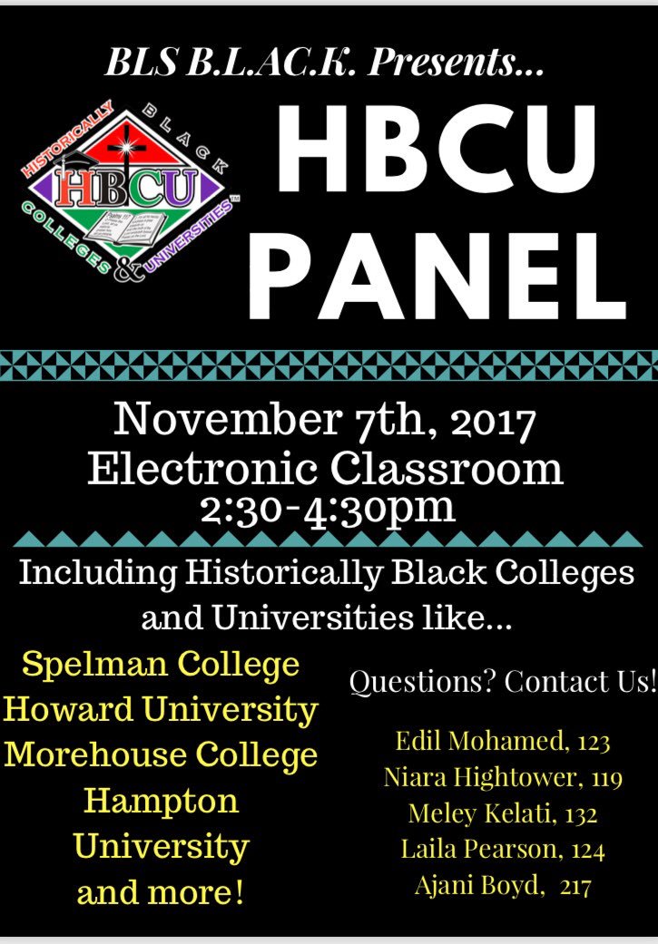 Interested in attending a historically black college and university? Come to B.L.A.C.K.’s 4th annual HBCU Panel on Nov 7 <a href="/2/">A 2-loop</a>:30 pm! 🎓📚🤓