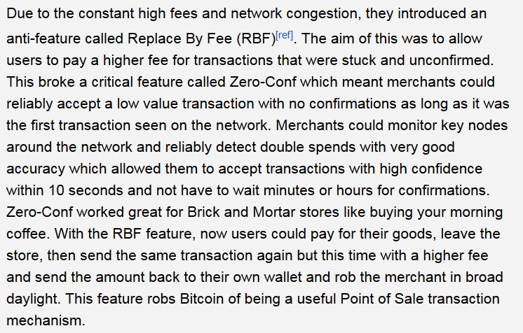 Vemundzo's tweet image. As a response to self-inflicted high fees and network congestion #Core devs introduced #RBF, breaking #zeroconf and enabling theft+fraud WTF