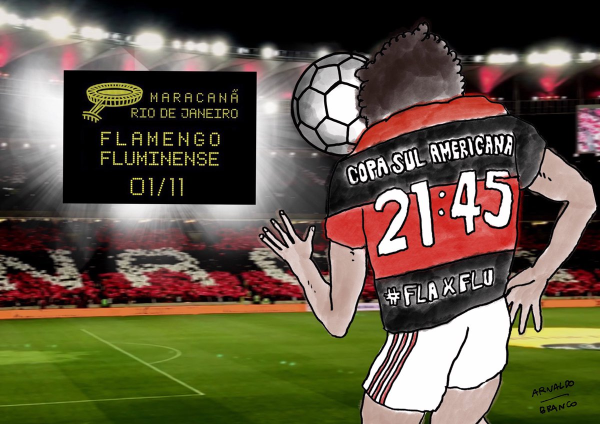 Flamengo's tweet photo. O cartunista @arnaldobranco fez o #PosterRN para o #FLAxFLU de hoje! A bola rola às 21h45, no Maracanã! #VAMOSFLAMENGO https://t.co/L9VzXahebJ