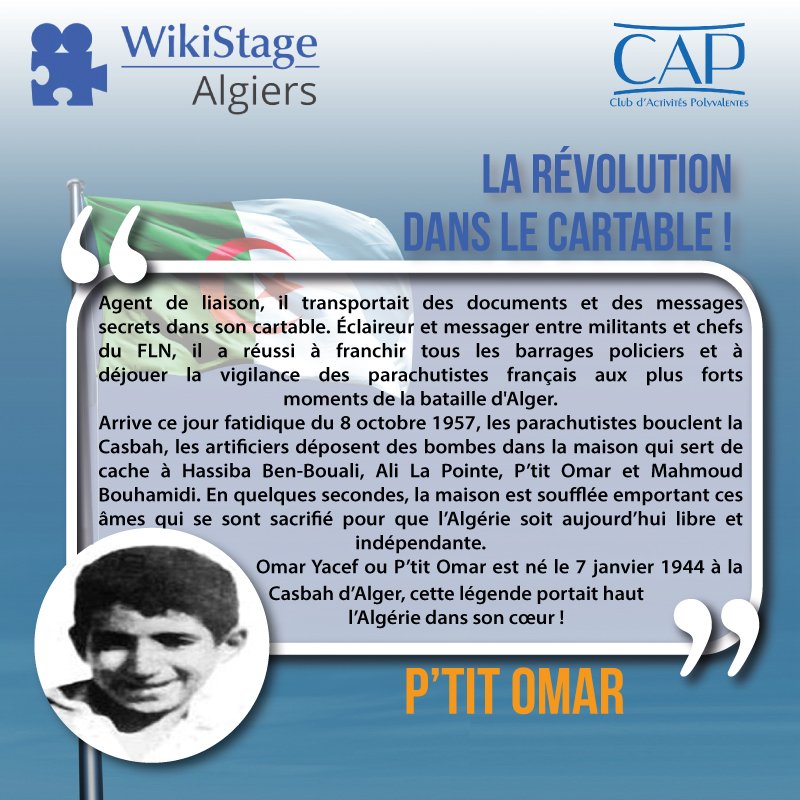 WSAlgiers's tweet photo. Ce jeune révolutionnaire accompagnait son père aux réunions clandestines dès ses 9 ans
#اول_نوفمبر #Algeria #WikiStageAlgiers https://t.co/4vKdEvG9eF