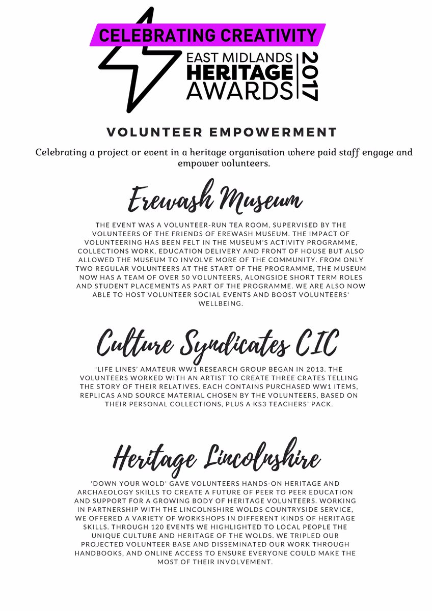 Congrats to @Erewash_Museum @CultureSyndicat @HeritageLincs for your @EmHeritage #EMHA2017 #volunteerempowerment nominations! See you there!