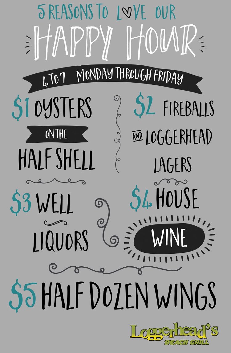 loggerheadsbg's tweet photo. Don’t worry, be happy... at Loggers Happy Hour. $1 half shell oysters, $2 loggerhead lager &amp; fireball, $3 Wells &amp; more! 4-7 M-F #follybeach https://t.co/e2O88m67f7
