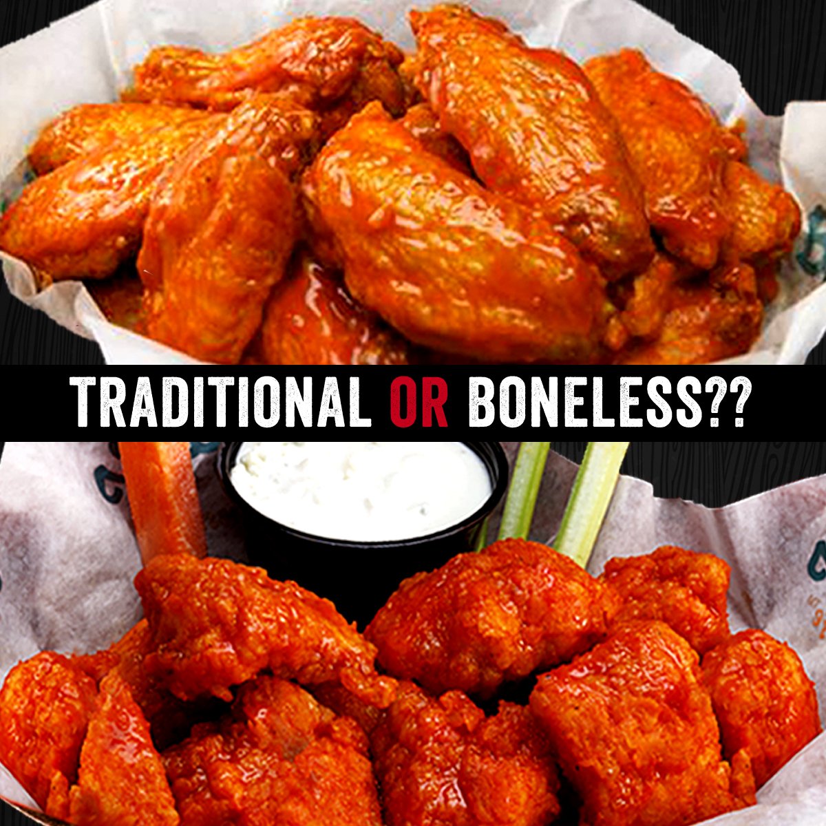 griffinbuffalos's tweet photo. Let us know!!
❤️ - Traditional
👍🏻 - Boneless
#BuffalosCafe - serving you world famous wings. 
#BuffaloWings https://t.co/K8sbUzD69E