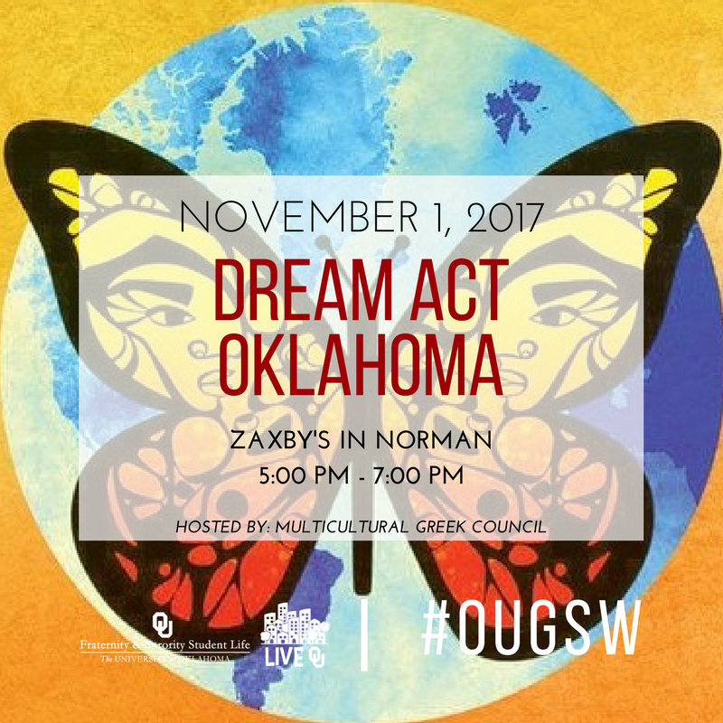 DAOK_OKC's tweet photo. ππ½Come see us at Zaxby's tonight! Thank you Multicultural Greek Council for letting us be part of #OUGSW. Proceeds go towards @thedream_us! https://t.co/m2z3VF5rlZ
