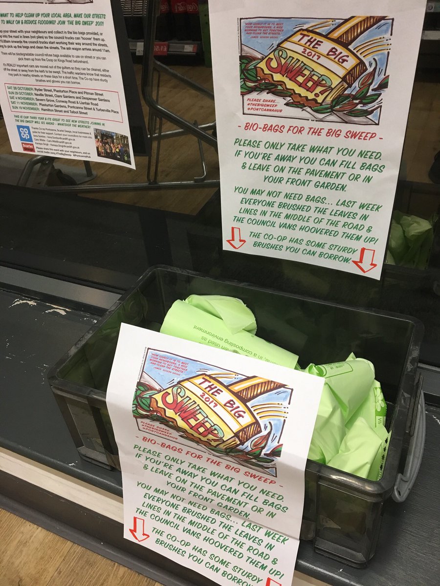 PontcannaHub's tweet photo. Bio bags in @CoopPontcanna for #thebigsweep Sat 4: Severn/Conway/Llanfair pls only take what you need &amp;  sweep leaves into lines in street https://t.co/DZIXkiyiii