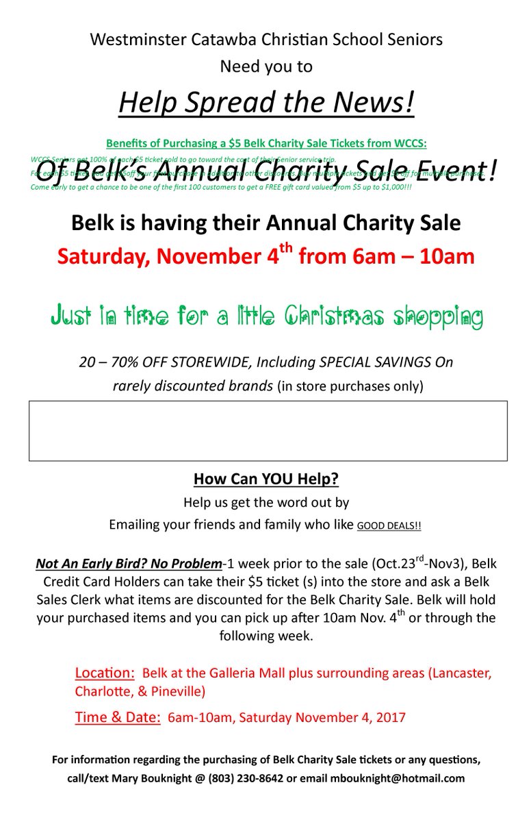 WCCSstuco's tweet photo. Help our Seniors with the BELK Charity Sale!  This Saturday, November 4th! Contact 

... https://t.co/SXCFosLenk https://t.co/C7AwchwFMa