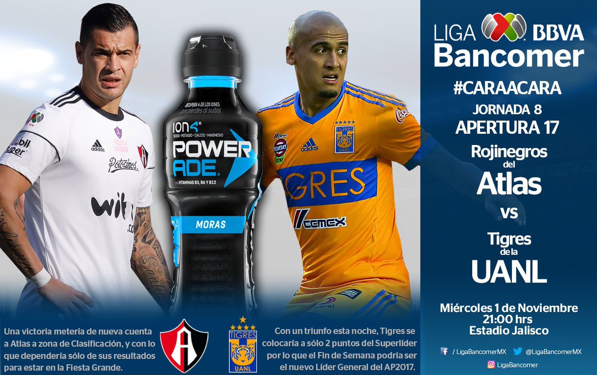 LigaBBVAMX's tweet photo. IMPERDIBLE hoy el @atlasfc vs @TigresOficial, pendiente de la #J8AP2017
#CaraACara #LIGABancomerMX
#HAYPOWER @PoweradeMx
⚽ #SienteTuLiga ⚽ https://t.co/SQvV6ByV7l