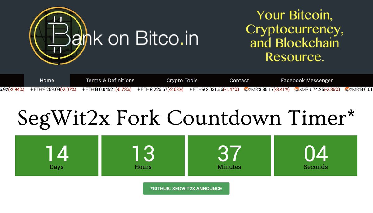 bankonbitcoin's tweet photo. SegWit2x Fork Countdown Timer* - Bank On Bitco.in | #HardFork #SegWit2x #bitcoin #blockchain #cryptocurrency |  https://t.co/QxhEt61cSm https://t.co/t3UQ7UOsKm