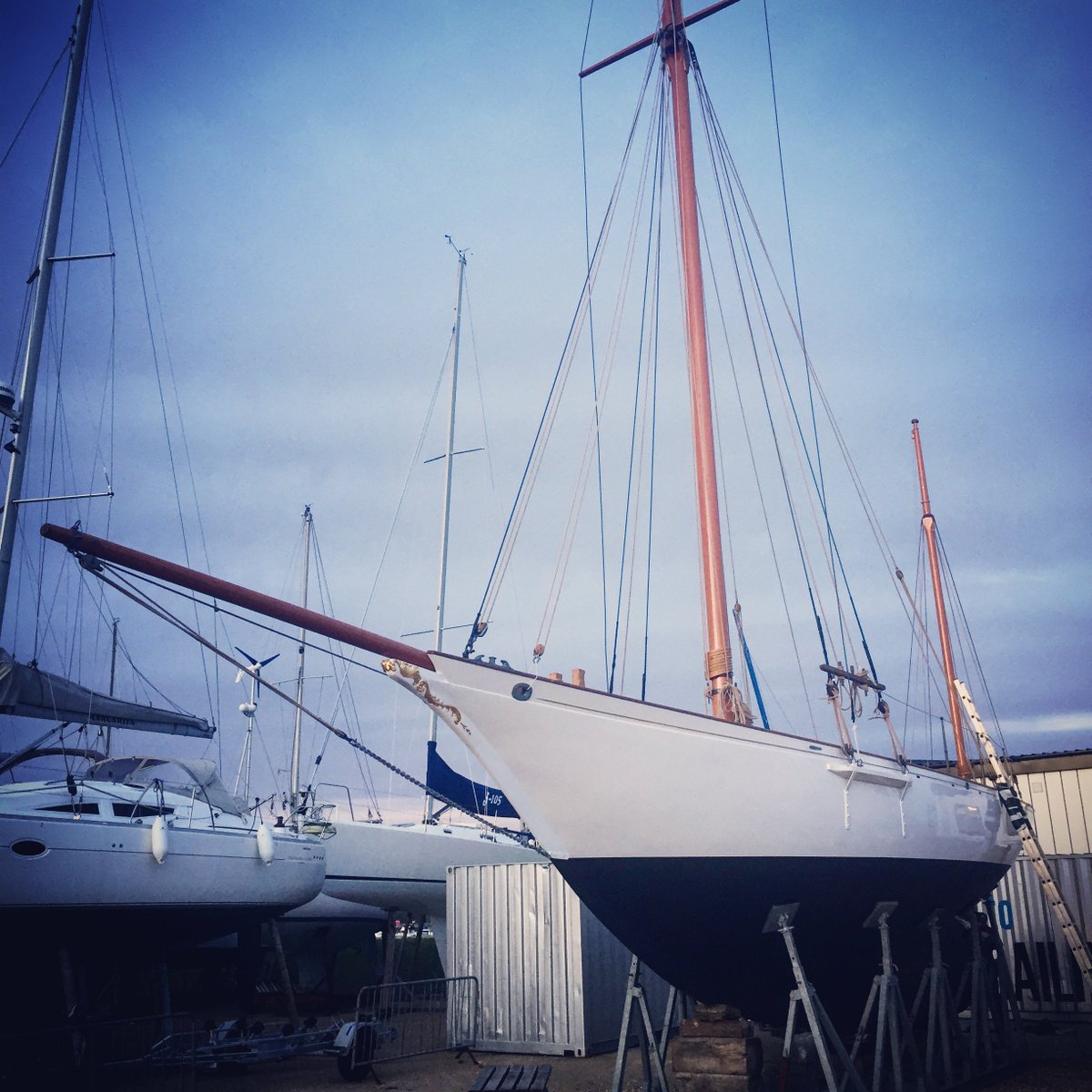 Well, Valerie has fresh antifouling and her masts in... Ready for launching tomorrow!